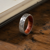 Hammered Titanium Steel Ring with Natural Wood Inner Liner, 6mm Vintage Domed Band, Rustic Wooden Inlay Wedding Promise Ring for Men & Women