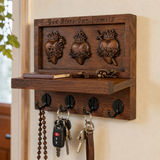 Hand-Carved Sacred Hearts Wooden Key Holder – God Bless Our Family Wall Organizer