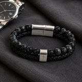 Dual Layer Braided Leather Cross Stainless Steel Men's Bracelet