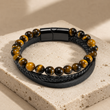 Triple Strand Natural Tiger Eye & Lava Rock Braided Leather Men’s Bracelet