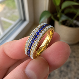 Three Row Blue & White Cubic Zirconia Eternity Ring, 6mm Titanium Steel Full Paved Stackable Band, Elegant Wedding Promise Ring for Women