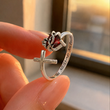 Sacred Heart of Jesus Thorn Flame Cross Adjustable Open Ring