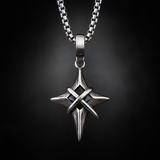 Vintage North Star Men Stainless Steel Necklace, Wrapped Cross Black CZ 4‑Point Star Pendant With Box Chain