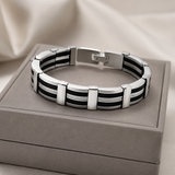 Men's Black‑Silver Striped Titanium Steel Bracelet, Geometric Textured Link Wristband, Rugged Business Men Jewelry