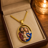 3D Raised Enamel Holy Family Oval Gold Stainless Steel Necklace