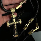 Gold-colored Braided Leather Cord Crucifix Necklace - BGCOPPER