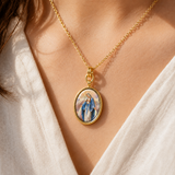 3D Enamel Our Lady of Grace Oval Necklace, Double Sided Tree of Life Stainless Steel Pendant