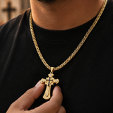 Heavy‑Duty Gothic CZ Inlay Cross Byzantine Chain Pendant Necklace