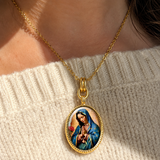 Our Lady of Guadalupe Gold-Tone Oval Pendant Necklace – Double-Sided Virgin Mary Christian Jewelry