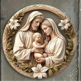 Christian Holy Family Relief Decorative Plaque - 8 Inch / 12 Inch Aluminum Waterproof Religious Wall Art (with Mounting Accessories)