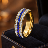 Three Row Blue & White Cubic Zirconia Eternity Ring, 6mm Titanium Steel Full Paved Stackable Band, Elegant Wedding Promise Ring for Women