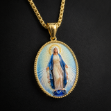 3D Raised Enamel Miraculous Virgin Mary Oval Gold Stainless Steel Necklace