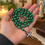 Green Malachite-Style Bead Christian Cross Prayer Rosary Necklac