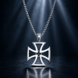 Men's Hollow Maltese Cross Stainless Steel Necklace, Vintage Knight Pendant Box Chain For Men