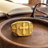 Triple Sides Embossed Cross Hammered Texture Stainless Steel Men’s Signet Ring
