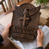 God Bless America Wooden Wall Plaque – Hand-Carved Beechwood Eagle Cross Decor, 1776–2026 250th Anniversary