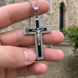 Vintage Greek Key Border Two Tone 3D Crucifix Stainless Steel Necklace