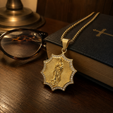 Gold Octagonal Star CZ Our Lady of Guadalupe Necklace, 3D Embossed Radiant Titanium Steel Religious Pendant Box Chain for Men