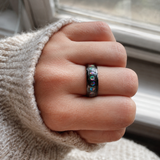 Black Tungsten Ring with Crushed Opal Inlay, 8mm Galaxy Star Dome Band, Meteorite Texture Wedding Band, Unique Promise Ring Gift for Men & Women