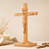 Hand-Carved Beechwood Crucifixion of Jesus Standing Cross – Christian Prayer & Home Altar Decor