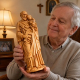 Beechwood roundel of Joseph holding a child: sacred heritage, warmth and eternity