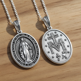 S925K Silver Miracle Medal English Version Inscription Necklace
