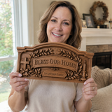 Personalized “Bless Our Home” Hand-Carved Beechwood Wall Plaque - size and finish detail