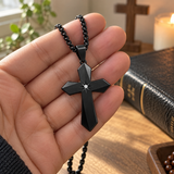North Star Faceted Cross Necklace – Titanium Steel Christian Pendant with CZ, 24-Inch Chain