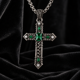 Vintage Green Stone Cross Pendant Necklace for Men