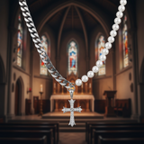 Cuban Chain Panel Pearl Cross Necklace