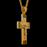 Multicolor Zircon Jesus Crucifix Gold‑Tone Stainless Steel Necklace