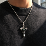 S925 Silver Serpent Cross Pendant Necklace with Green Gemstone