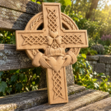 Hand-Carved Beechwood Celtic Claddagh Wall Cross – Irish Christian Faith Home Décor