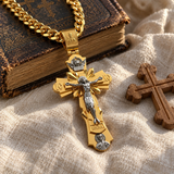 Gold-Plated Copper Crucifix Pendant with Jesus Christ and Religious Figures