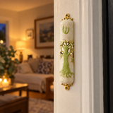 Tree of Life Mezuzah with Shema Scroll – Enamel & Gold-Tone Doorpost Blessing