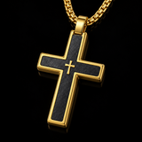 Two-Tone Bevel Edge Carbon Fiber Textured Inlaid Tiny Cross Stainless Steel Necklace