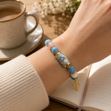 Chalcedony Cross Beaded Bracelet, Vintage Religious Printed Tube Bead Faith Jewelry for Women