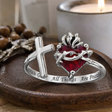Sacred Heart of Jesus Thorn Flame Cross Adjustable Open Ring - size and finish detail