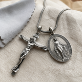 Jesus Cross and Virgin Mary Combination Necklace Pendant for daily faith wear and Christian gifting