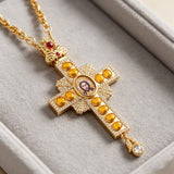 Orthodox Three-Bar Crown Gem Cross Pendant Necklace