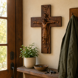 Hand-Carved Beechwood Holy Trinity Crucifix Wall Cross – Christian Home Prayer Decor - size and finish detail