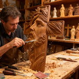 Handcrafted Beechwood Cross: Jesus with the Crown of Thorns