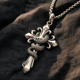 S925 Silver Serpent Cross Pendant Necklace with Green Gemstone