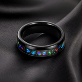 Black Tungsten Ring with Crushed Opal Inlay, 8mm Galaxy Star Dome Band, Meteorite Texture Wedding Band, Unique Promise Ring Gift for Men & Women