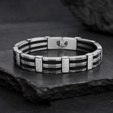 Men's Black‑Silver Striped Titanium Steel Bracelet, Geometric Textured Link Wristband, Rugged Business Men Jewelry