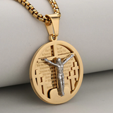 3D Crucifixion Lord’s Prayer Engraved Medallion Pendant Necklace