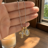 Gold-Tone Copper Zircon Cross & Miraculous Medal Double Pendant Necklace – Christian Faith Jewelry