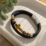 English Product Description for 21cm Stone Cross Leather Bracelet