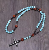 New African pine yellow tiger eye vintage natural stone long cross rosary necklace - BGCOPPER
