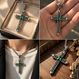 Vintage Green Stone Cross Pendant Necklace for Men